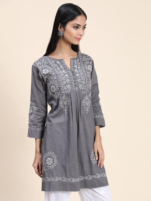 Rijuta in HOK Chikankari Short Tunic for Women -Grey